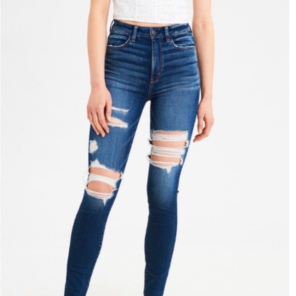 American Eagle stretch skinny ripped jeans dark wash size 2 short